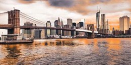 Brooklyn Bridge and Lower Manhattan at sunset, NYC 