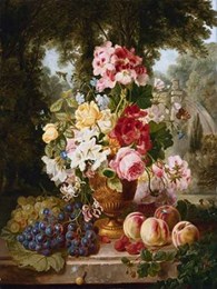 A Vase of Summer Flowers and Fruit 