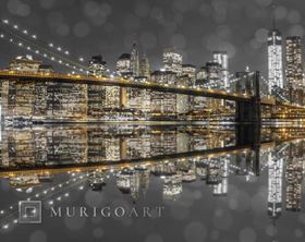 Brooklyn Bridge and lower Manhattan skyline at dusk, New York